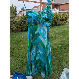 Jovani Y2K Size 6‎ Blue Green Floral One Shoulder Formal Dress Gown